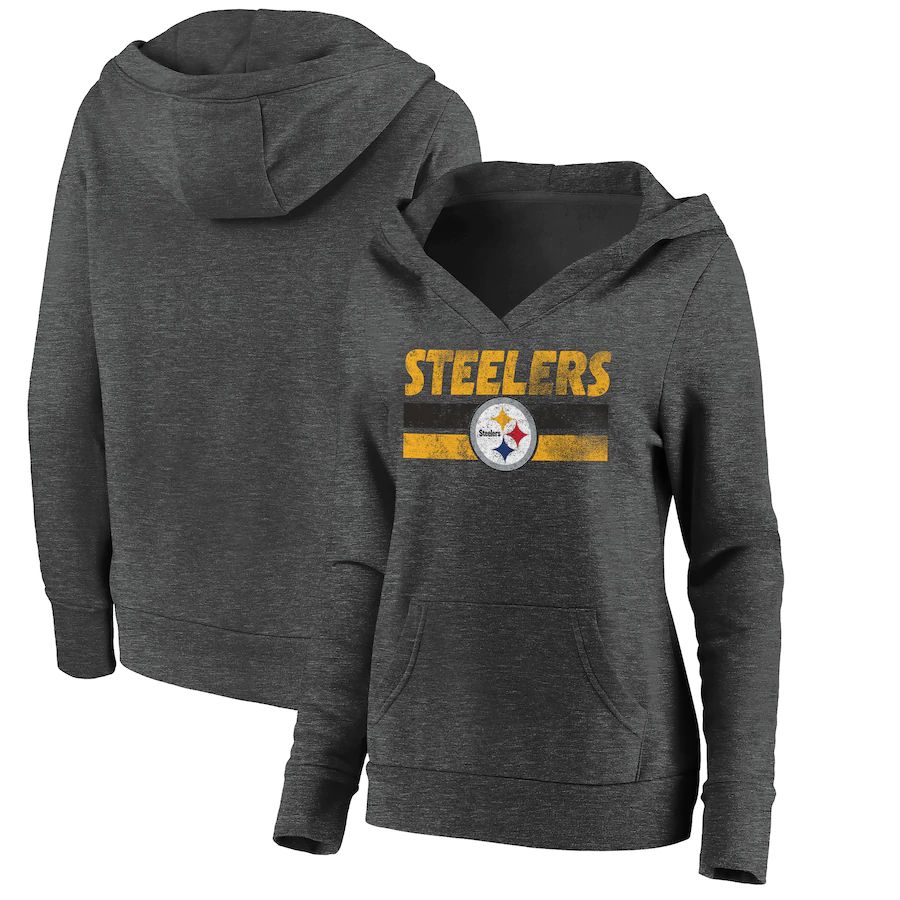 Women Pittsburgh Steelers Fanatics Branded Charcoal First String V-Neck Pullover Hoodie->women nfl jersey->Women Jersey